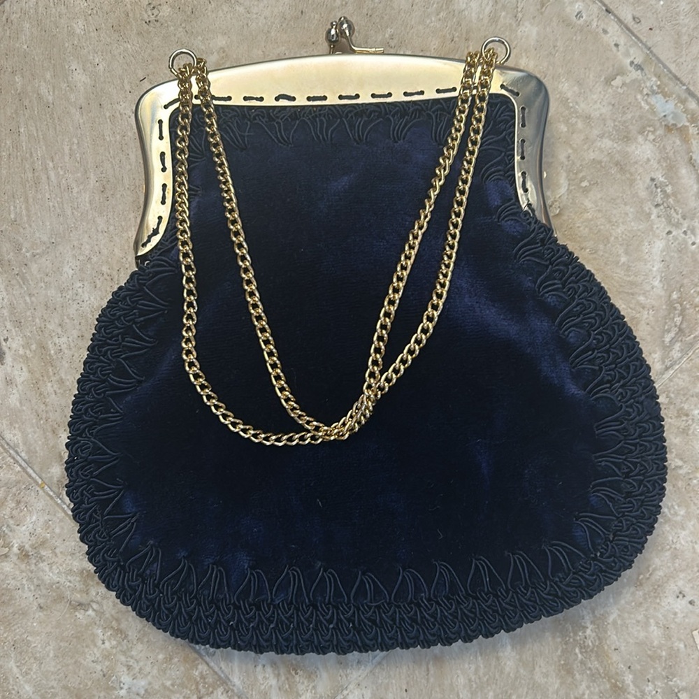 Blue Velvet Handbag Made in Italy Gold Chain Strap Italian Opera Purse - Picture 3 of 10